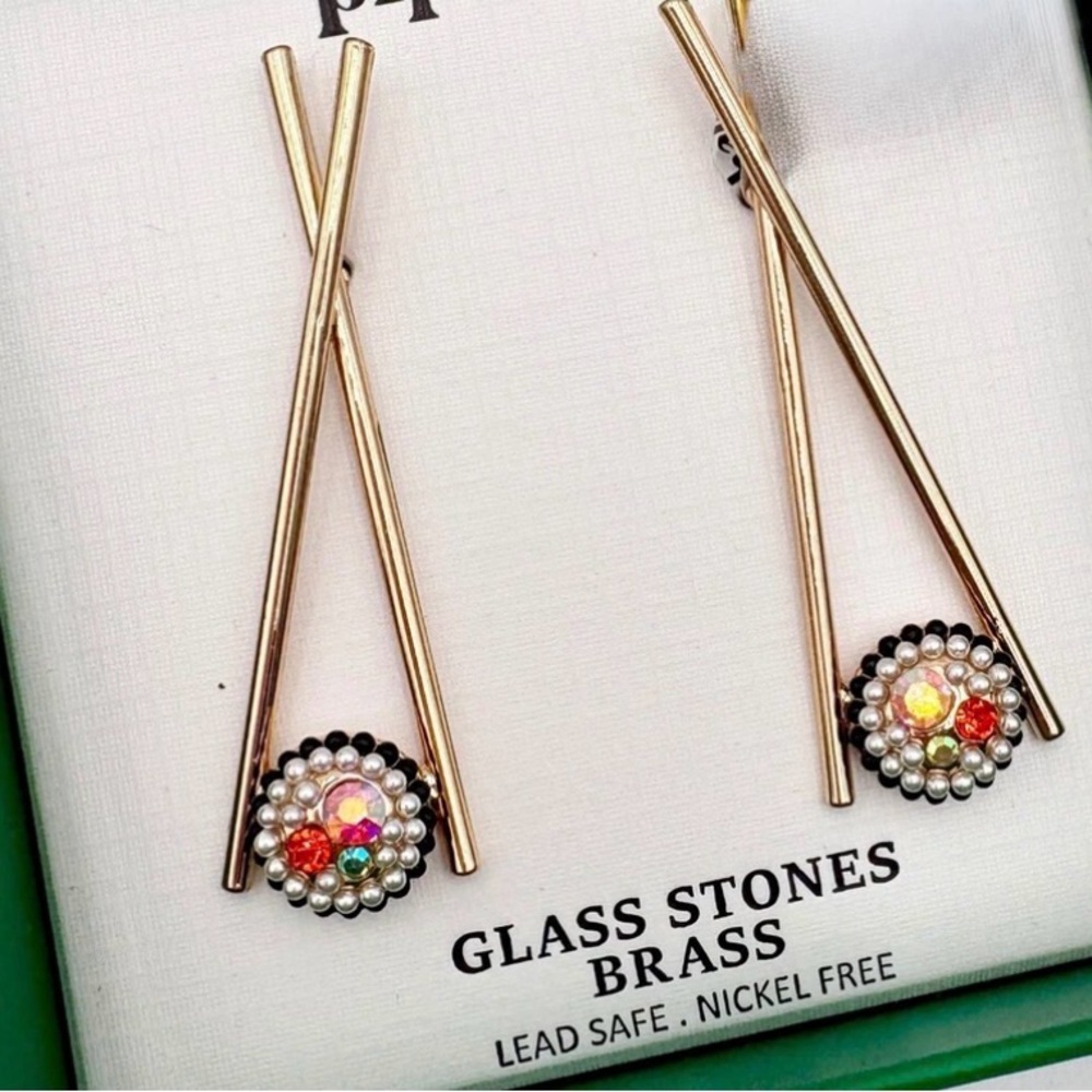 Piper K Chopsticks and Sushi Drop Earrings - Glass Stones and Brass